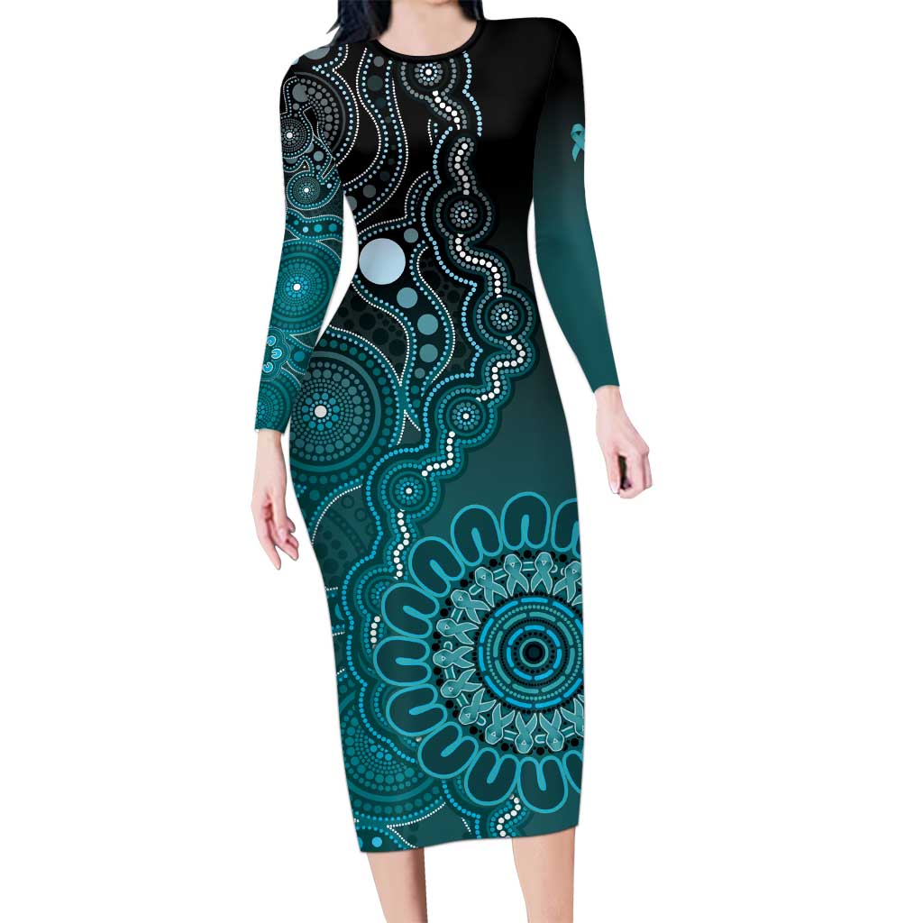 Personalised Ovarian Cancer Awareness Long Sleeve Bodycon Dress Teal Ribbon Aboriginal Art