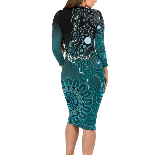 Personalised Ovarian Cancer Awareness Long Sleeve Bodycon Dress Teal Ribbon Aboriginal Art