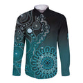 Personalised Ovarian Cancer Awareness Long Sleeve Button Shirt Teal Ribbon Aboriginal Art