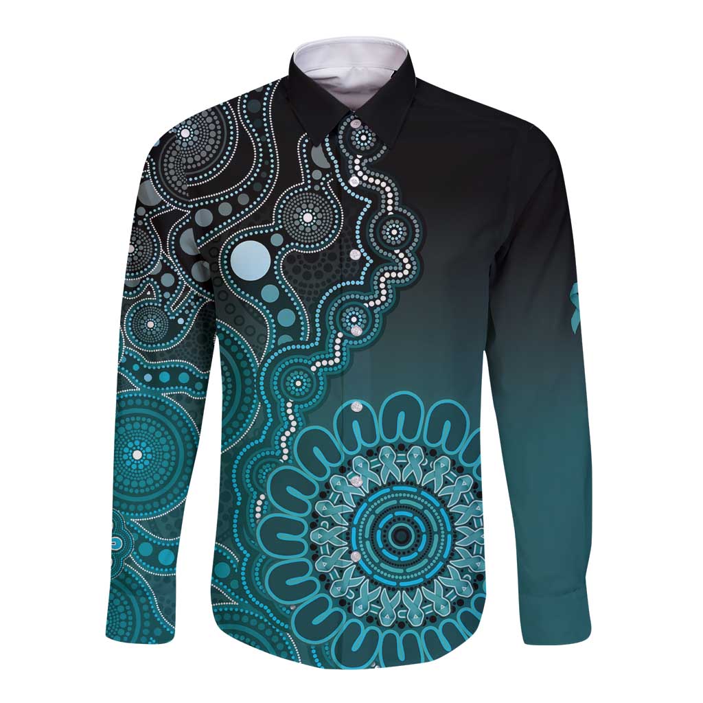 Personalised Ovarian Cancer Awareness Long Sleeve Button Shirt Teal Ribbon Aboriginal Art