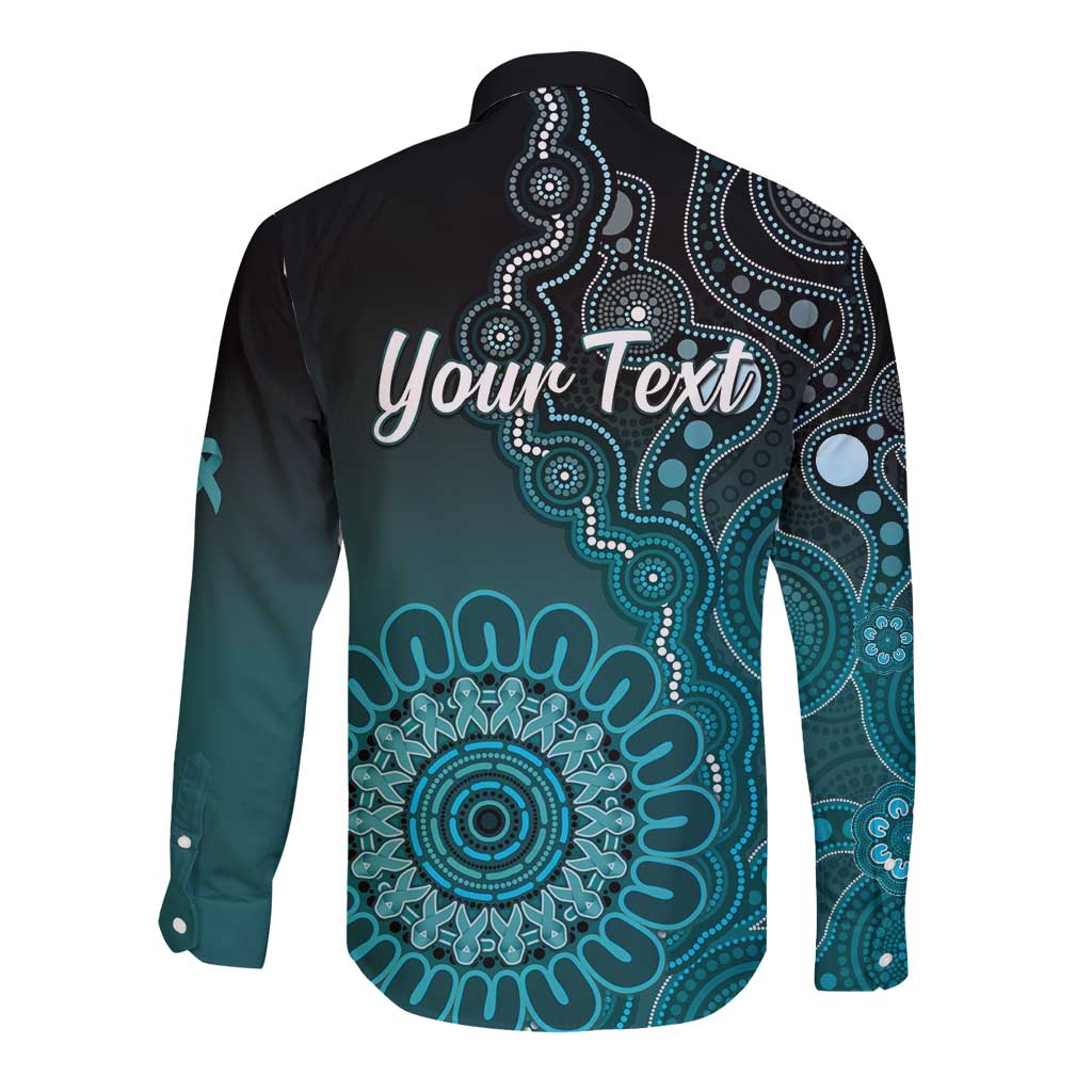Personalised Ovarian Cancer Awareness Long Sleeve Button Shirt Teal Ribbon Aboriginal Art