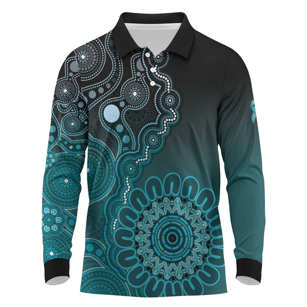 Personalised Ovarian Cancer Awareness Long Sleeve Polo Shirt Teal Ribbon Aboriginal Art