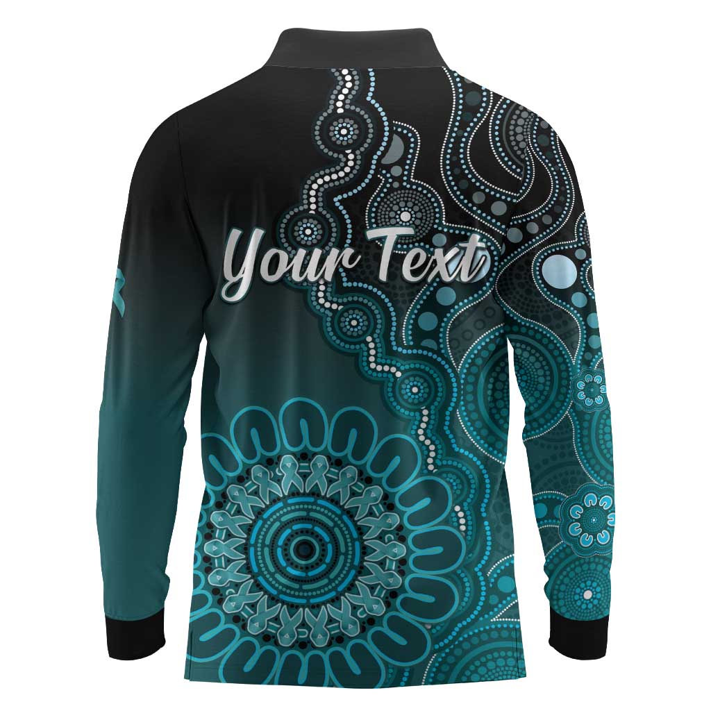Personalised Ovarian Cancer Awareness Long Sleeve Polo Shirt Teal Ribbon Aboriginal Art