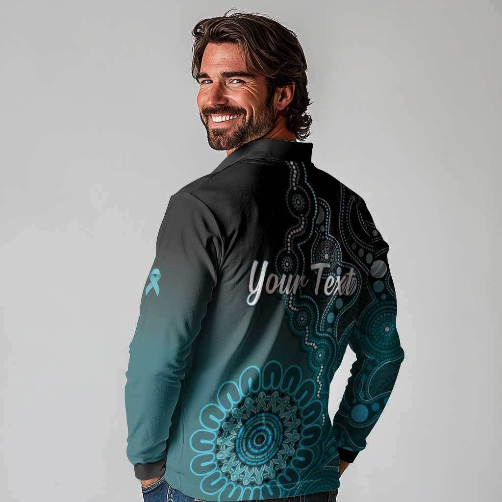 Personalised Ovarian Cancer Awareness Long Sleeve Polo Shirt Teal Ribbon Aboriginal Art