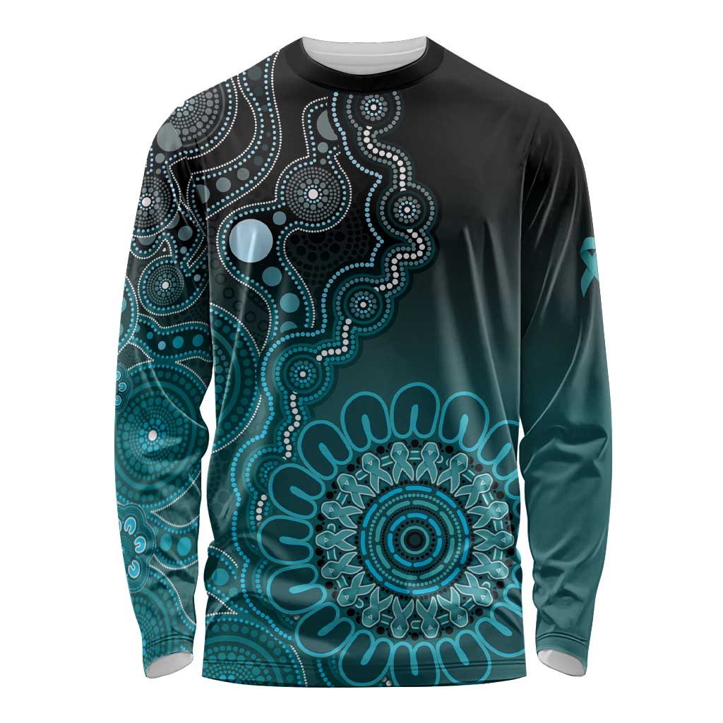 Personalised Ovarian Cancer Awareness Long Sleeve Shirt Teal Ribbon Aboriginal Art