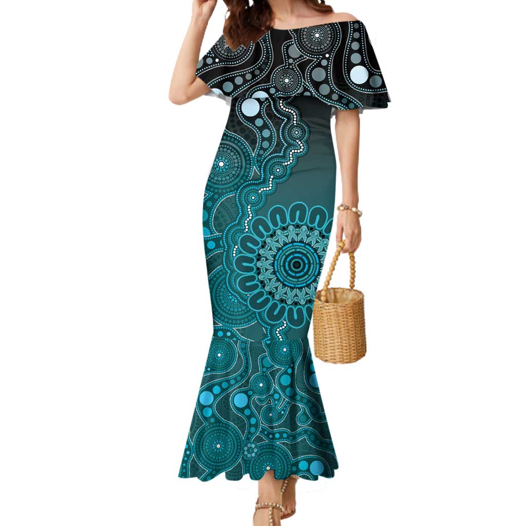 Personalised Ovarian Cancer Awareness Mermaid Dress Teal Ribbon Aboriginal Art