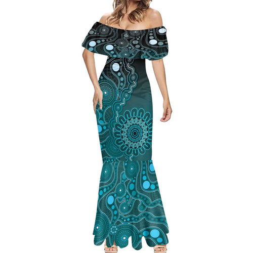 Personalised Ovarian Cancer Awareness Mermaid Dress Teal Ribbon Aboriginal Art