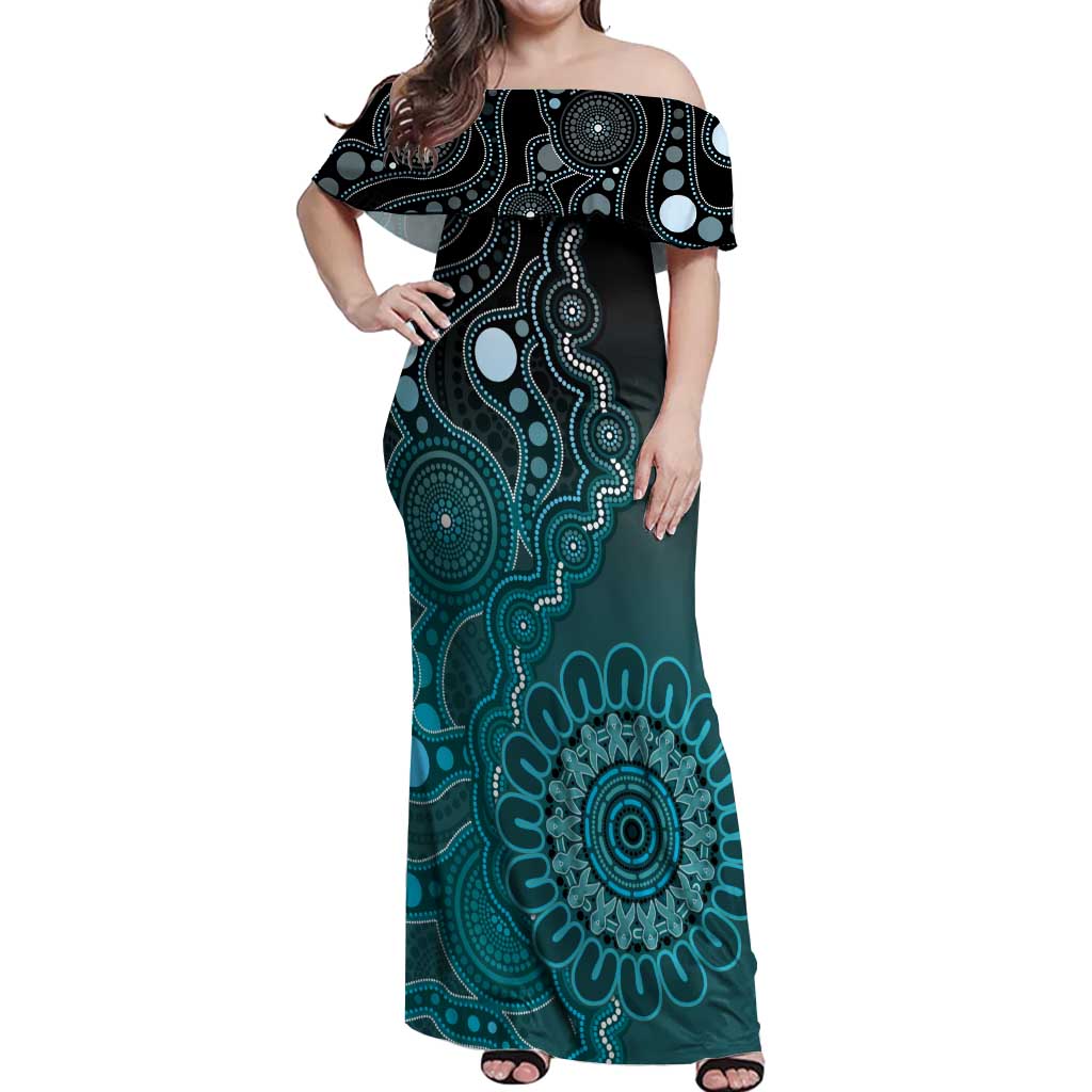Personalised Ovarian Cancer Awareness Off Shoulder Maxi Dress Teal Ribbon Aboriginal Art