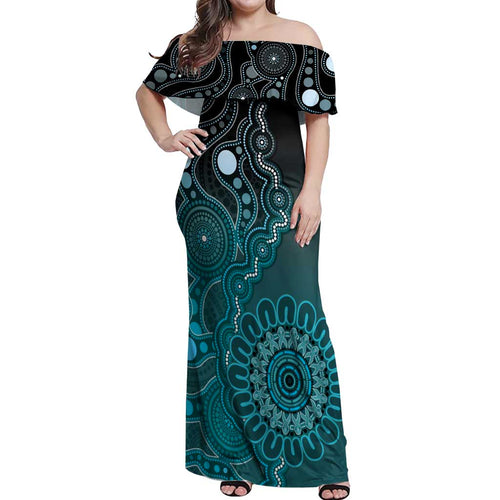 Personalised Ovarian Cancer Awareness Off Shoulder Maxi Dress Teal Ribbon Aboriginal Art