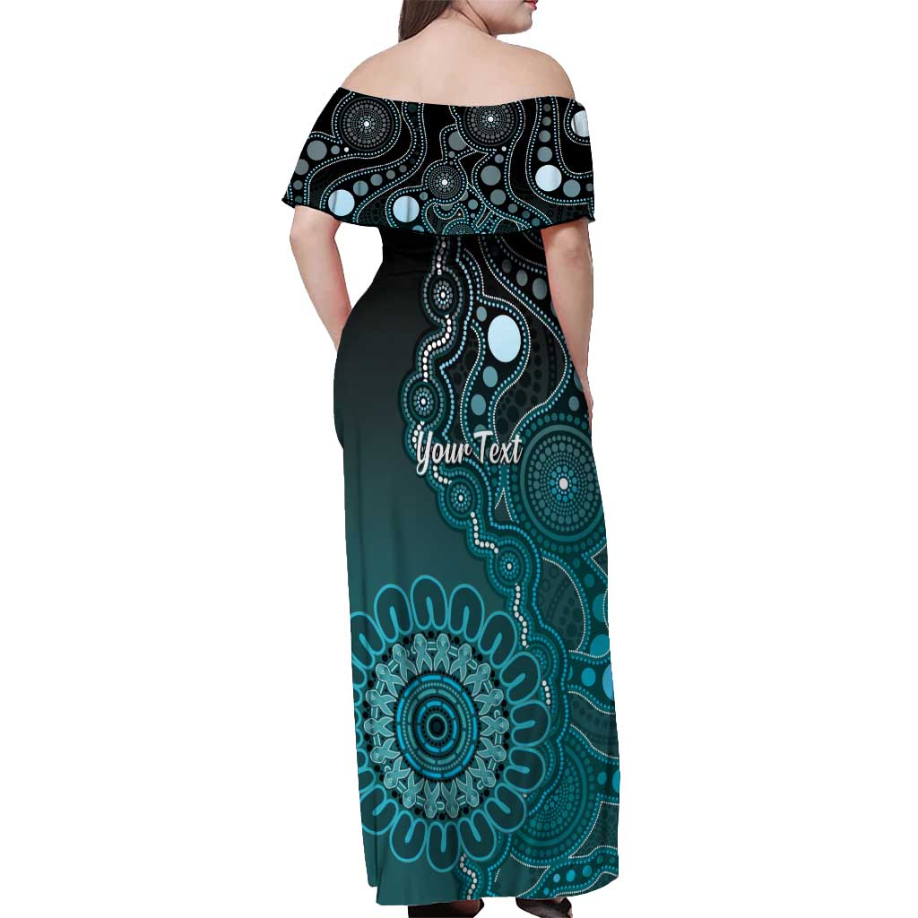 Personalised Ovarian Cancer Awareness Off Shoulder Maxi Dress Teal Ribbon Aboriginal Art