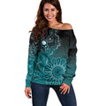 Personalised Ovarian Cancer Awareness Off Shoulder Sweater Teal Ribbon Aboriginal Art