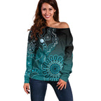 Personalised Ovarian Cancer Awareness Off Shoulder Sweater Teal Ribbon Aboriginal Art