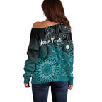 Personalised Ovarian Cancer Awareness Off Shoulder Sweater Teal Ribbon Aboriginal Art