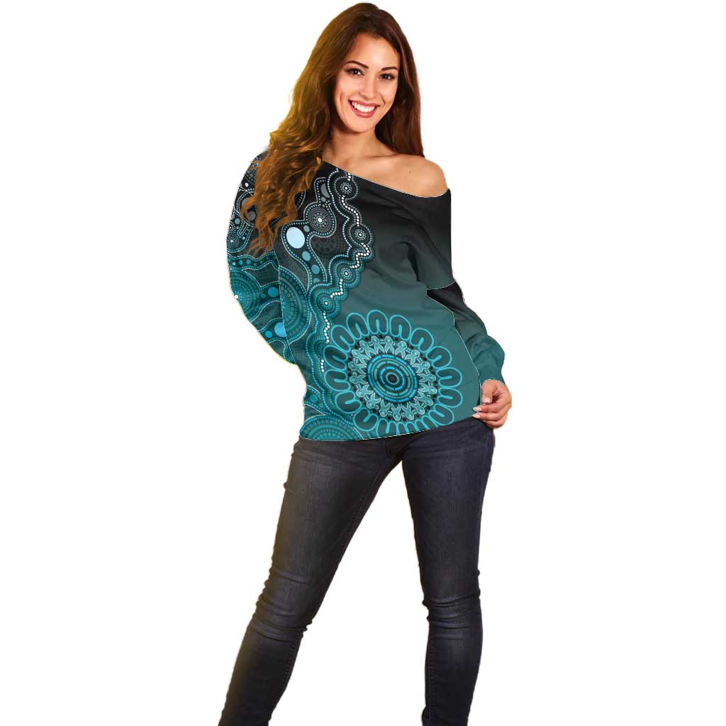 Personalised Ovarian Cancer Awareness Off Shoulder Sweater Teal Ribbon Aboriginal Art