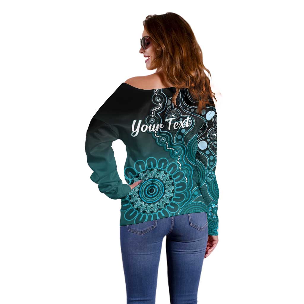 Personalised Ovarian Cancer Awareness Off Shoulder Sweater Teal Ribbon Aboriginal Art
