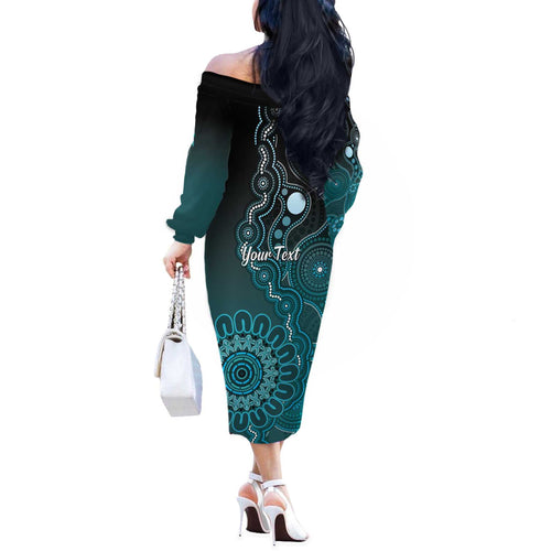 Personalised Ovarian Cancer Awareness Off The Shoulder Long Sleeve Dress Teal Ribbon Aboriginal Art