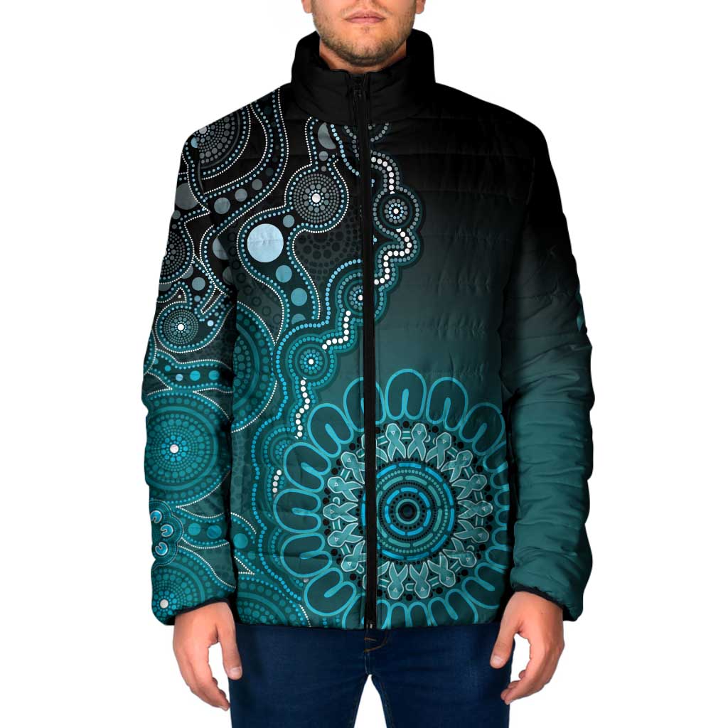 Personalised Ovarian Cancer Awareness Padded Jacket Teal Ribbon Aboriginal Art