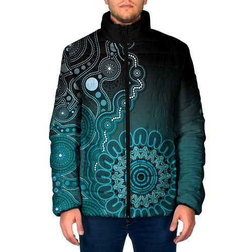 Personalised Ovarian Cancer Awareness Padded Jacket Teal Ribbon Aboriginal Art