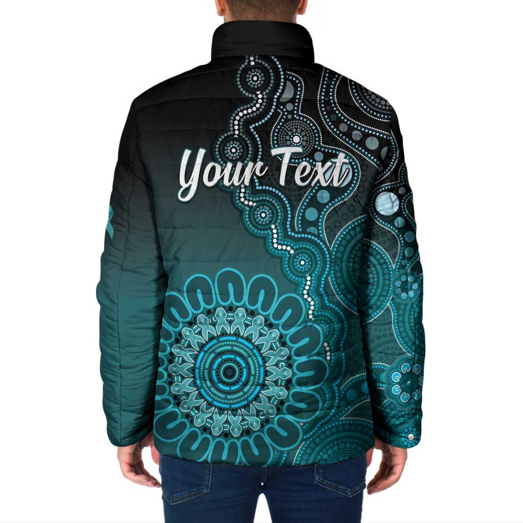 Personalised Ovarian Cancer Awareness Padded Jacket Teal Ribbon Aboriginal Art