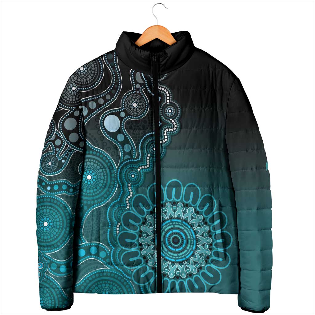 Personalised Ovarian Cancer Awareness Padded Jacket Teal Ribbon Aboriginal Art