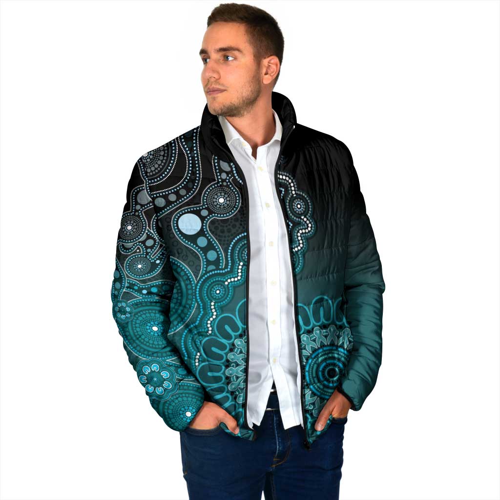 Personalised Ovarian Cancer Awareness Padded Jacket Teal Ribbon Aboriginal Art