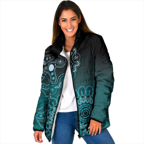 Personalised Ovarian Cancer Awareness Padded Jacket Teal Ribbon Aboriginal Art