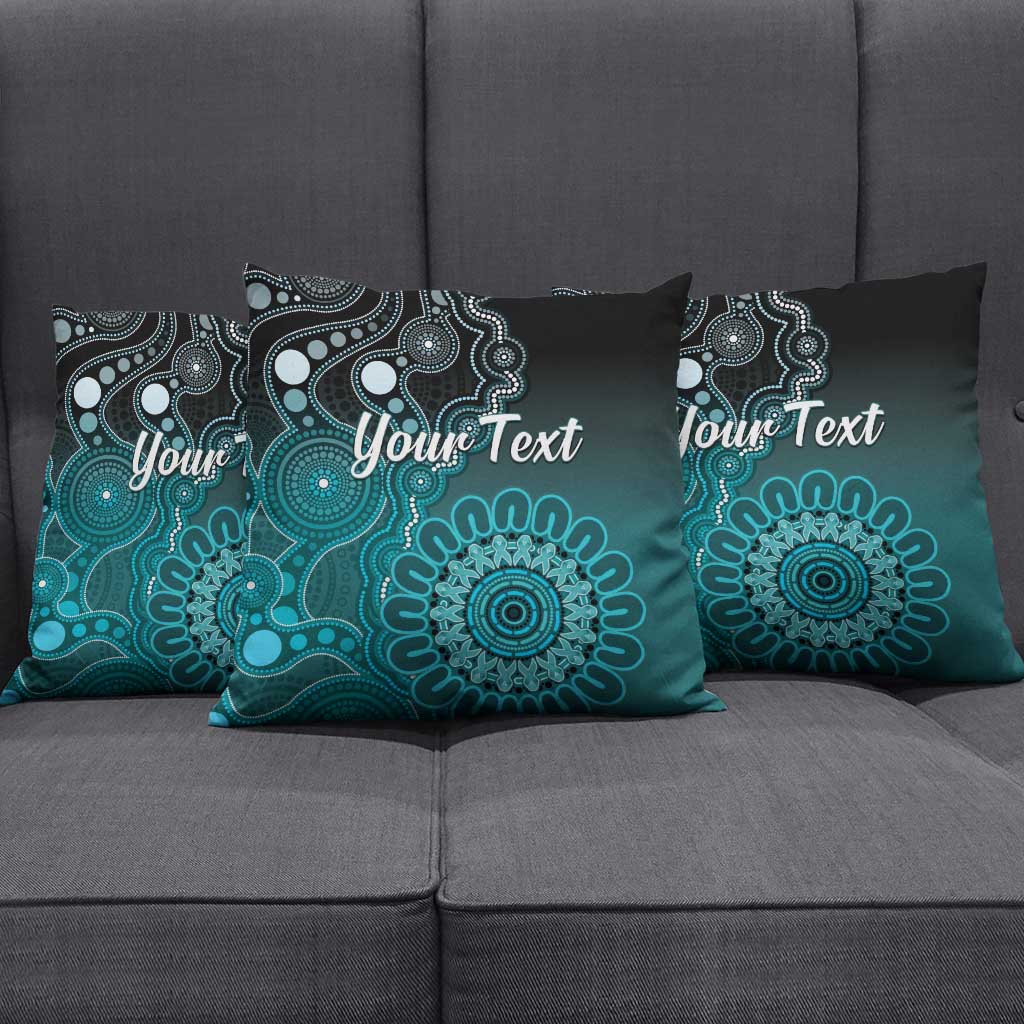 Personalised Ovarian Cancer Awareness Pillow Cover Teal Ribbon Aboriginal Art