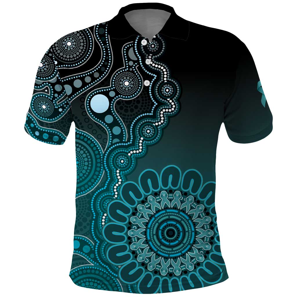 Personalised Ovarian Cancer Awareness Polo Shirt Teal Ribbon Aboriginal Art