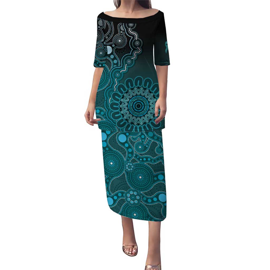 Personalised Ovarian Cancer Awareness Puletasi Teal Ribbon Aboriginal Art