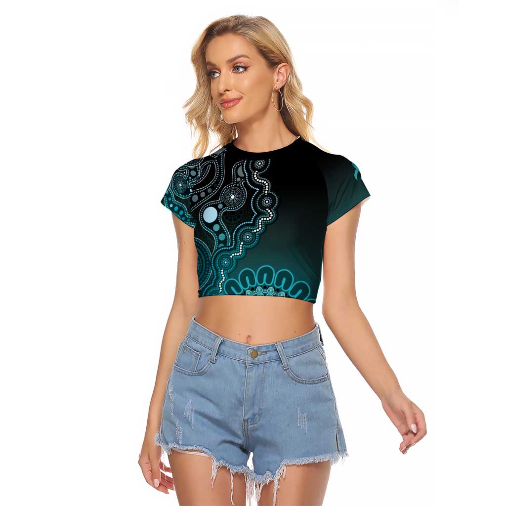 Personalised Ovarian Cancer Awareness Raglan Cropped T Shirt Teal Ribbon Aboriginal Art