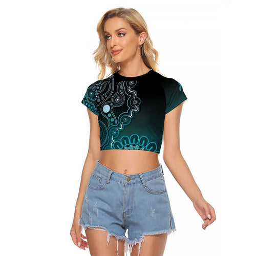 Personalised Ovarian Cancer Awareness Raglan Cropped T Shirt Teal Ribbon Aboriginal Art