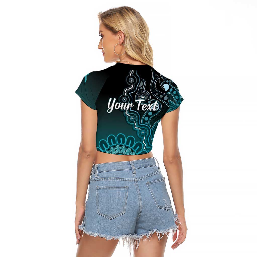 Personalised Ovarian Cancer Awareness Raglan Cropped T Shirt Teal Ribbon Aboriginal Art