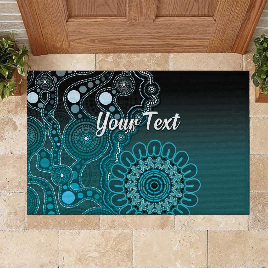 Personalised Ovarian Cancer Awareness Rubber Doormat Teal Ribbon Aboriginal Art