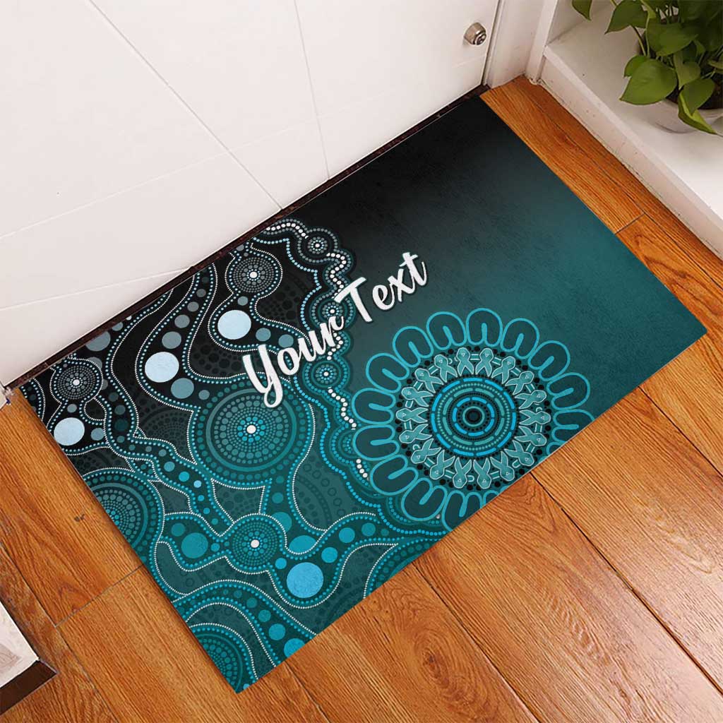 Personalised Ovarian Cancer Awareness Rubber Doormat Teal Ribbon Aboriginal Art