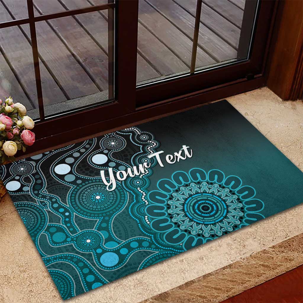 Personalised Ovarian Cancer Awareness Rubber Doormat Teal Ribbon Aboriginal Art