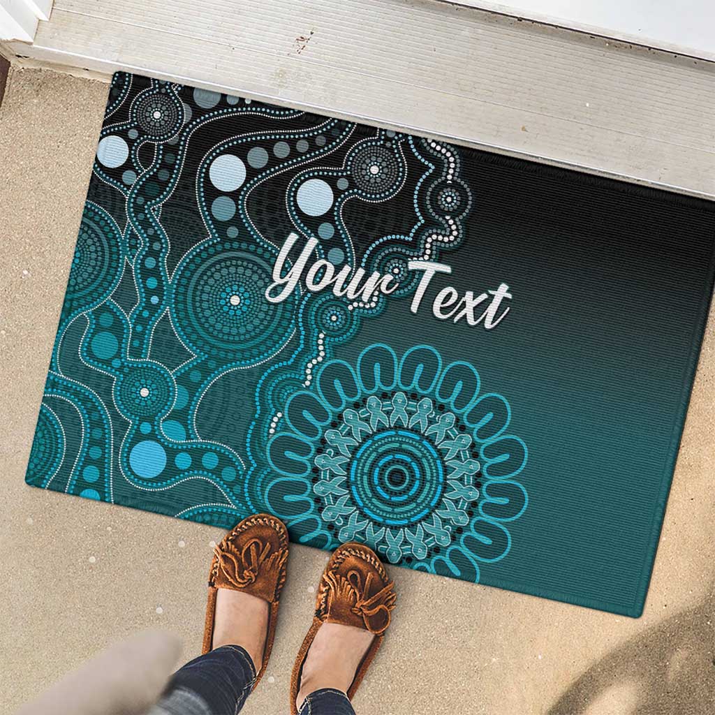 Personalised Ovarian Cancer Awareness Rubber Doormat Teal Ribbon Aboriginal Art