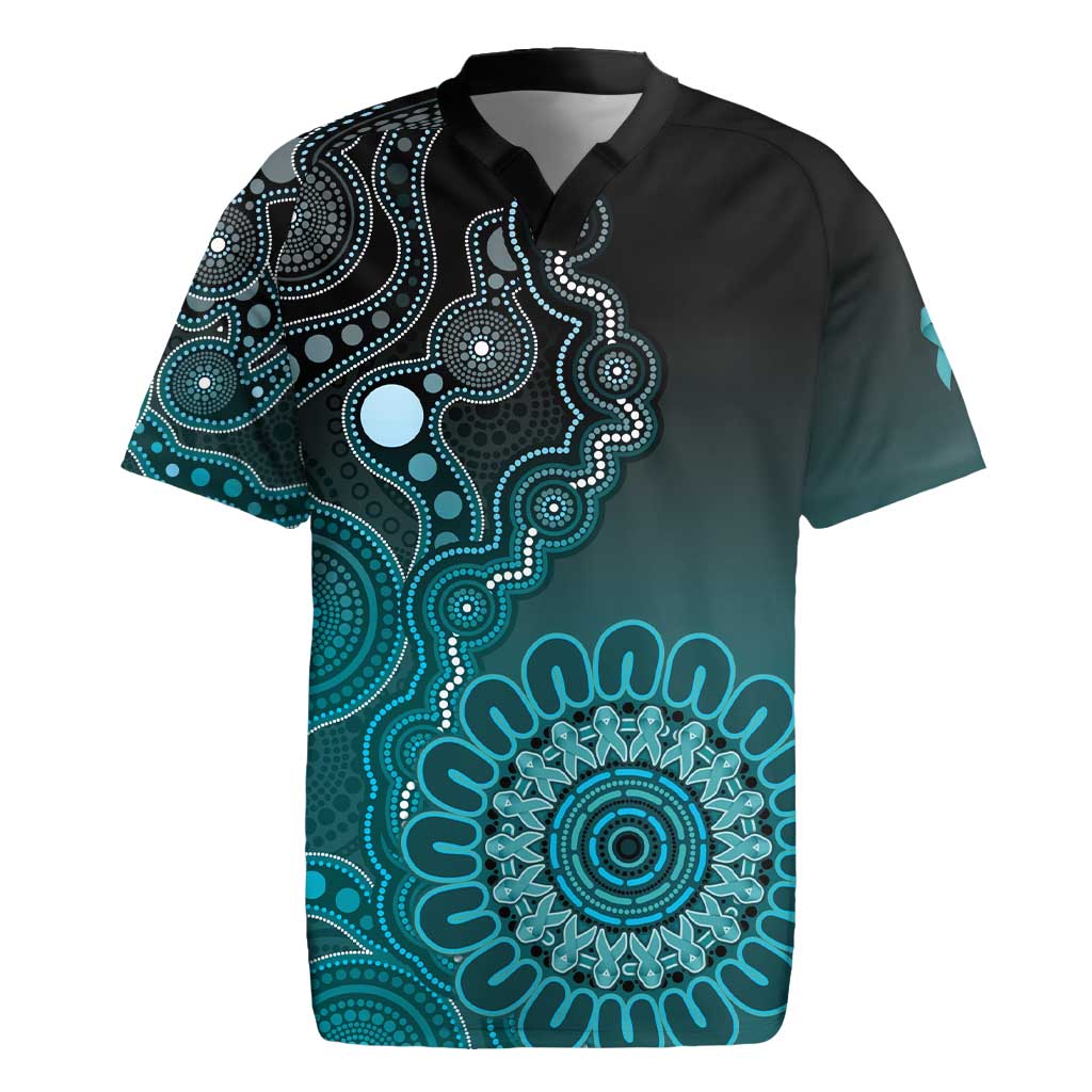 Personalised Ovarian Cancer Awareness Rugby Jersey Teal Ribbon Aboriginal Art