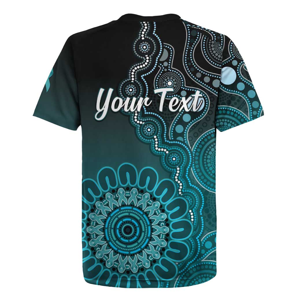 Personalised Ovarian Cancer Awareness Rugby Jersey Teal Ribbon Aboriginal Art