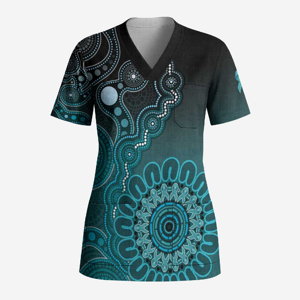 Personalised Ovarian Cancer Awareness Scrub Top Teal Ribbon Aboriginal Art