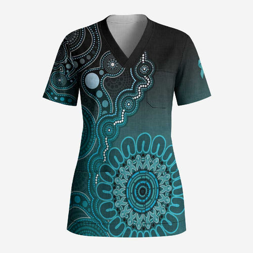 Personalised Ovarian Cancer Awareness Scrub Top Teal Ribbon Aboriginal Art