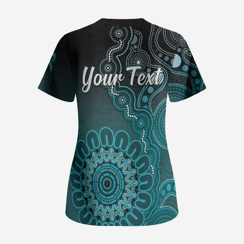 Personalised Ovarian Cancer Awareness Scrub Top Teal Ribbon Aboriginal Art