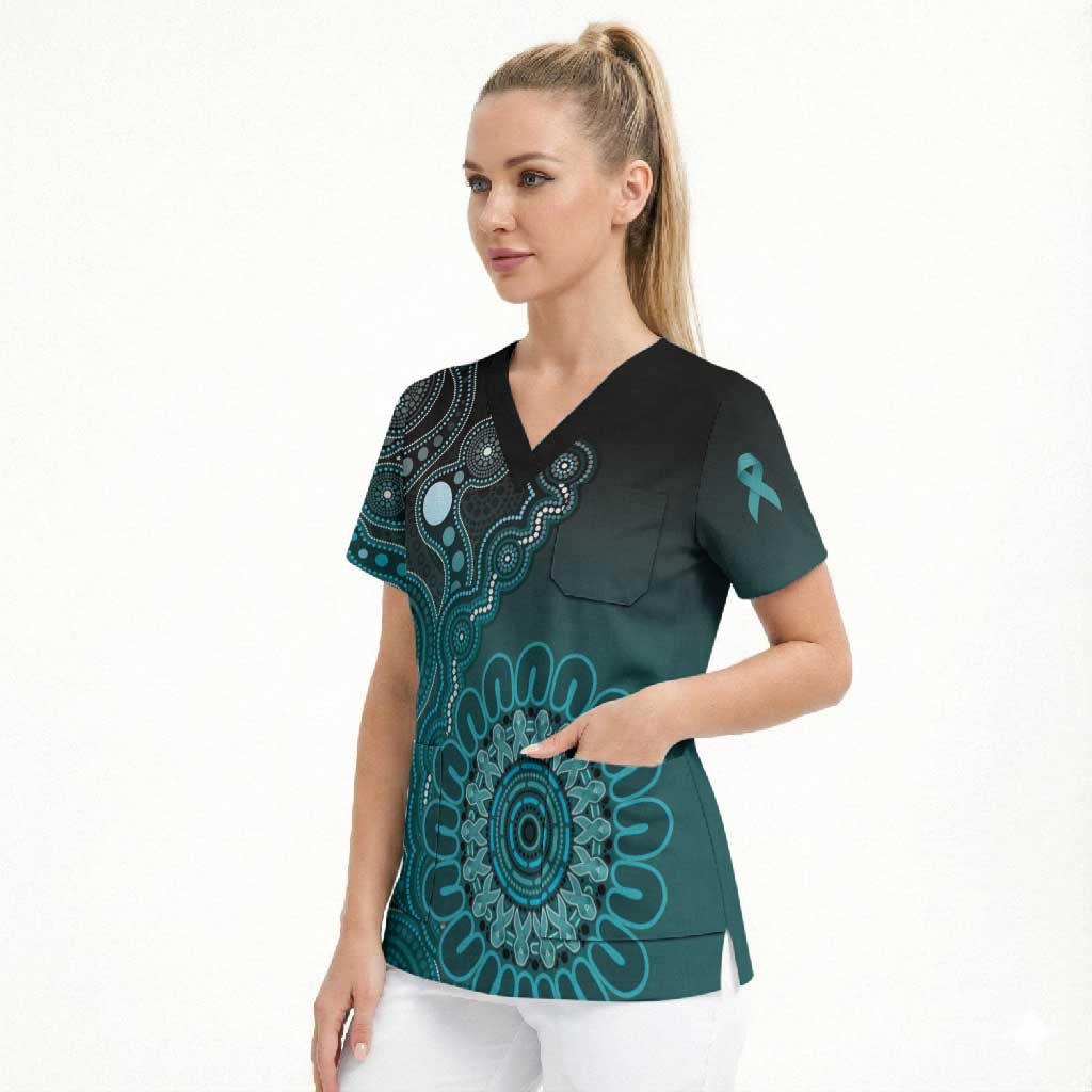 Personalised Ovarian Cancer Awareness Scrub Top Teal Ribbon Aboriginal Art