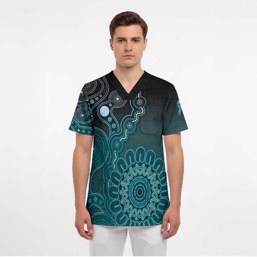 Personalised Ovarian Cancer Awareness Scrub Top Teal Ribbon Aboriginal Art