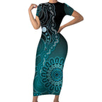 Personalised Ovarian Cancer Awareness Short Sleeve Bodycon Dress Teal Ribbon Aboriginal Art