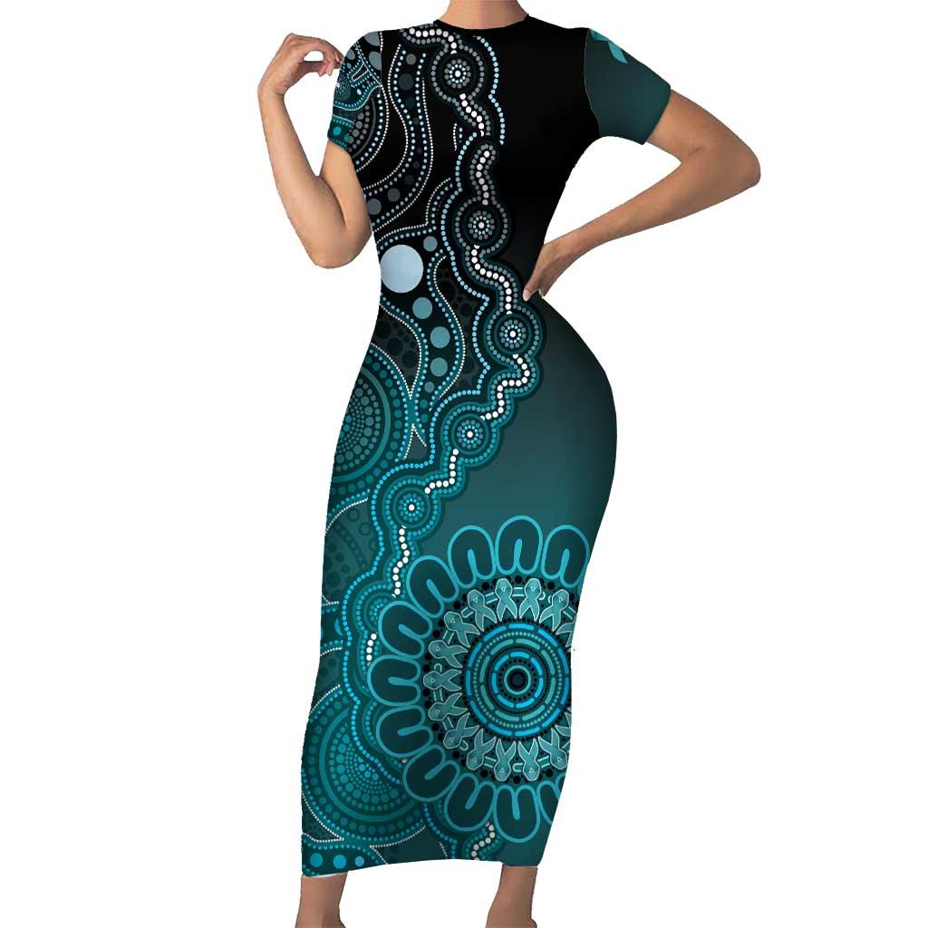Personalised Ovarian Cancer Awareness Short Sleeve Bodycon Dress Teal Ribbon Aboriginal Art