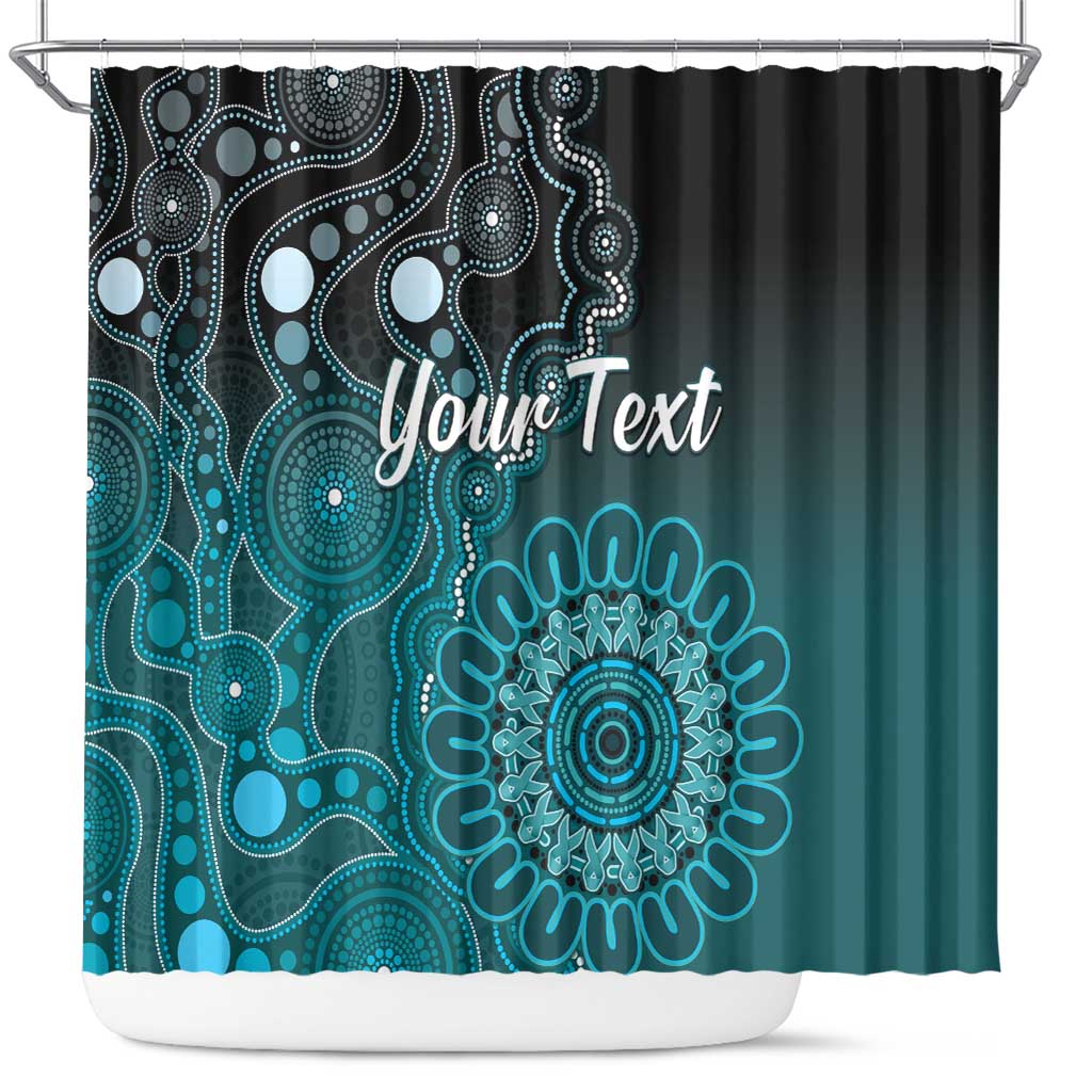 Personalised Ovarian Cancer Awareness Shower Curtain Teal Ribbon Aboriginal Art