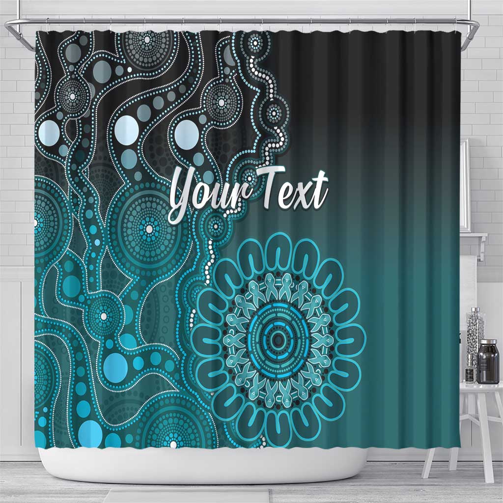 Personalised Ovarian Cancer Awareness Shower Curtain Teal Ribbon Aboriginal Art