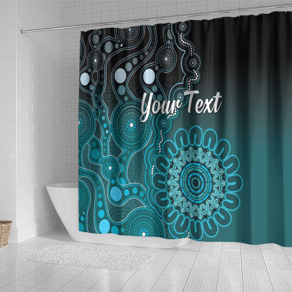 Personalised Ovarian Cancer Awareness Shower Curtain Teal Ribbon Aboriginal Art