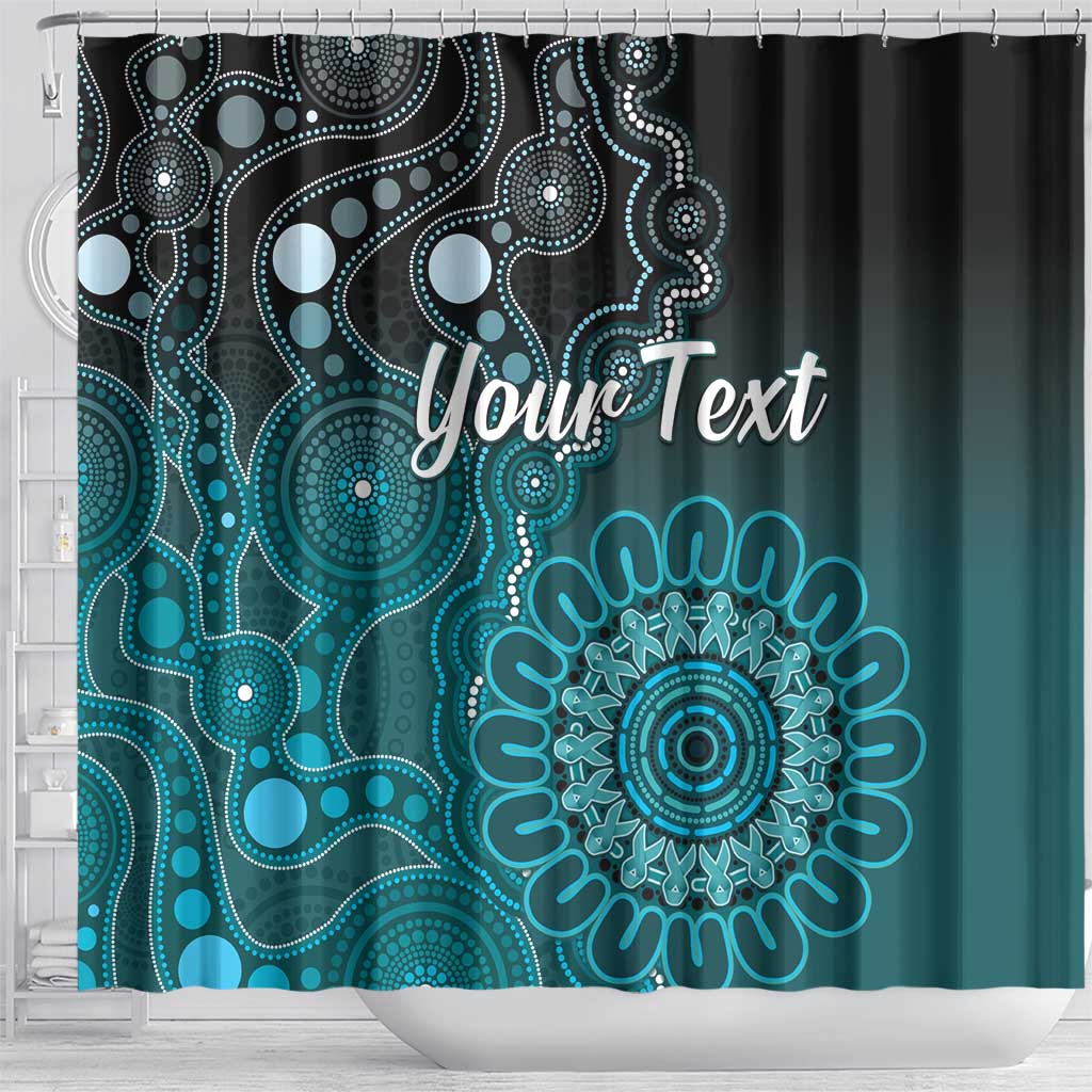 Personalised Ovarian Cancer Awareness Shower Curtain Teal Ribbon Aboriginal Art