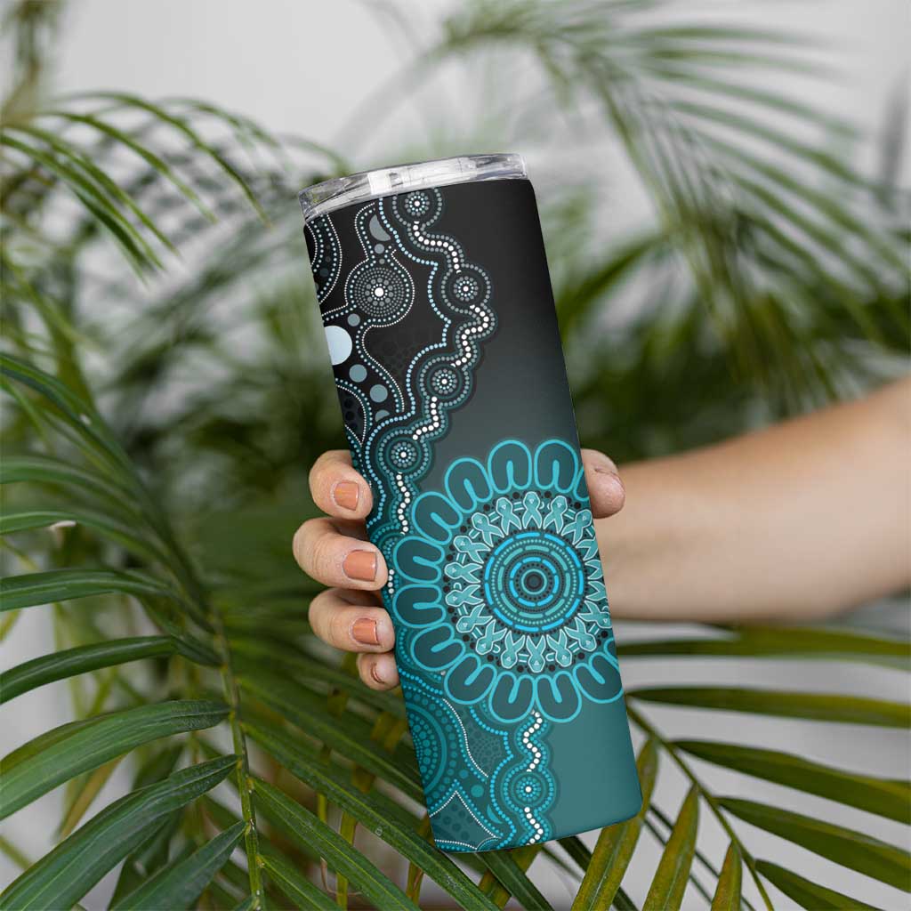 Personalised Ovarian Cancer Awareness Skinny Tumbler Teal Ribbon Aboriginal Art
